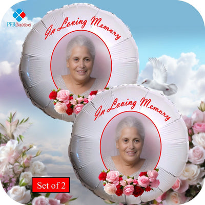 Memorial balloons with your personalized message and photo, In Loving Memory, Heavenly Birthdays, We miss you messages